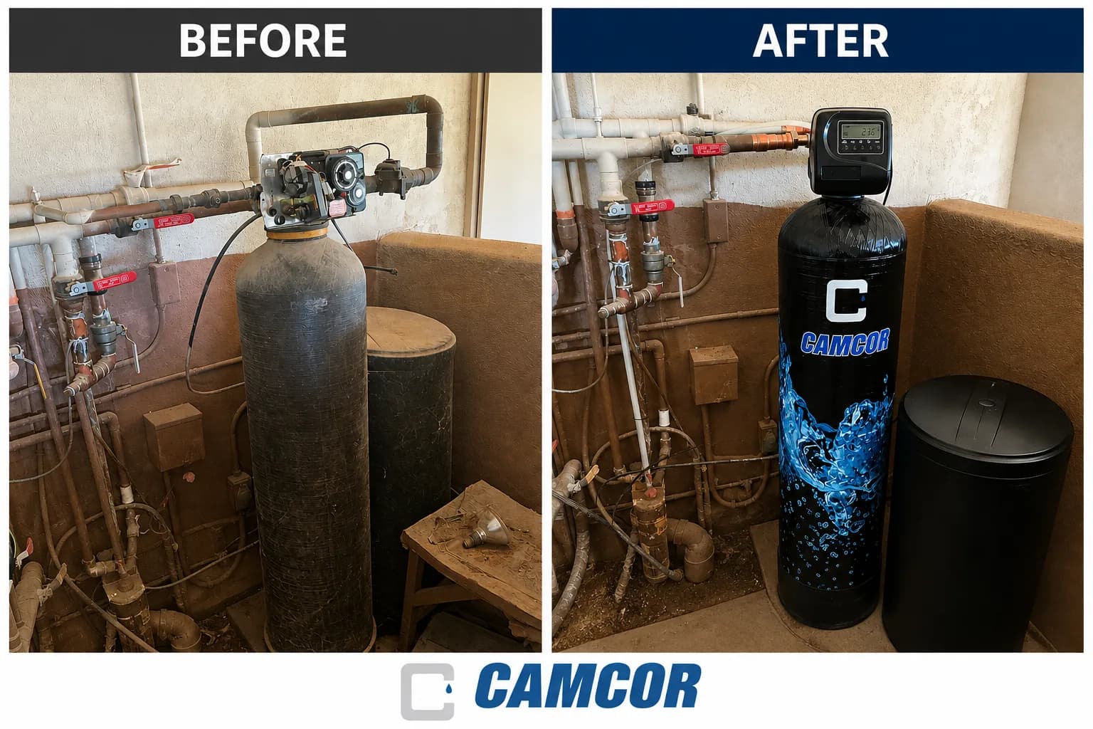 Before and after: a corroded old water softener replaced with a new Camcor softener